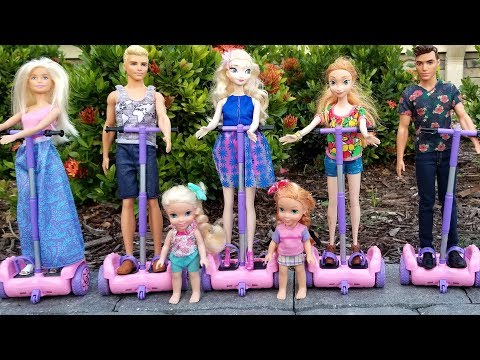 Hoverboards ! Elsa and Anna toddlers - Barbie - race - park - adventure