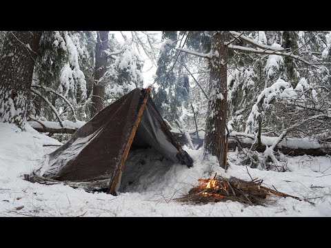 Solo Winter Camping in Heavy Snow - Overnight in Tarp Shelter