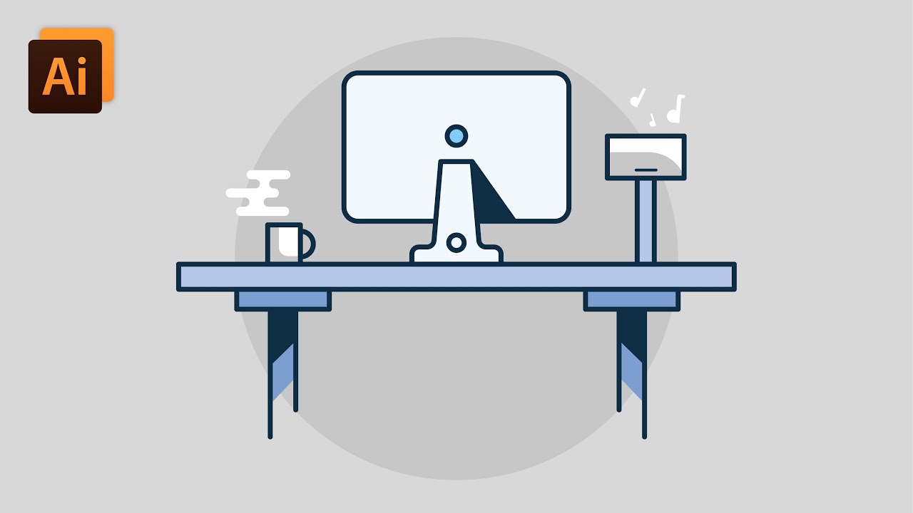 Adobe Illustrator Tutorial - Desk and Computer Flat Design | Flat and outline illustration