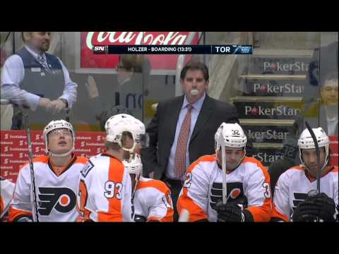 Korbinian Holzer boarding major on Tye McGinn Feb 11 2013 Philadelphia Flyers vs Toronto Maple Leafs