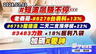 【量子戰情室】#陳武傑0703 #短波飆賺不停…老表哥-#6278台表科 +13% # 6753龍德造 二天二支漲停板+22% #3483力致 +18%獲利入袋 加碼#愛神 (圖)