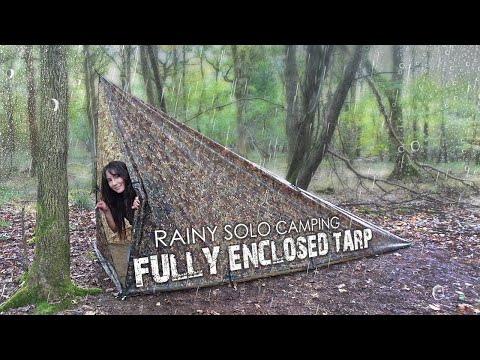 Fully Enclosed Tarp Configuration • Camping Solo in Rain + Cook Steak on Fire