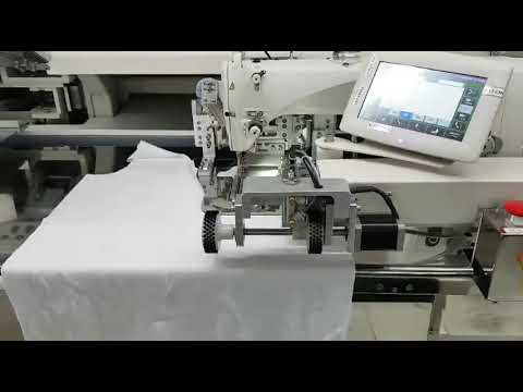 Automatic sewing machine for stitching a jersey pocket video