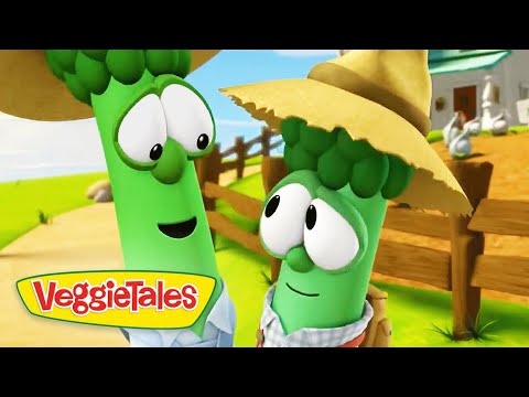 Two green VeggieTales characters, one wearing a straw hat, chat happily outdoors on a sunny farm with the VeggieTales logo visible.