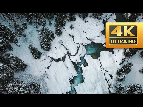 ❄️ 4K (8hours) Aerial Winter Shot - Snowy River Forest Stream - Flowing Water & Snowfall