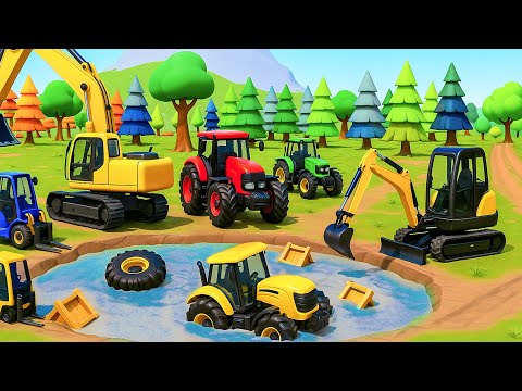 Farm Works: Excavator Rescues Tractor Sinking in Mud Pit! | Vehicles Farm Animated