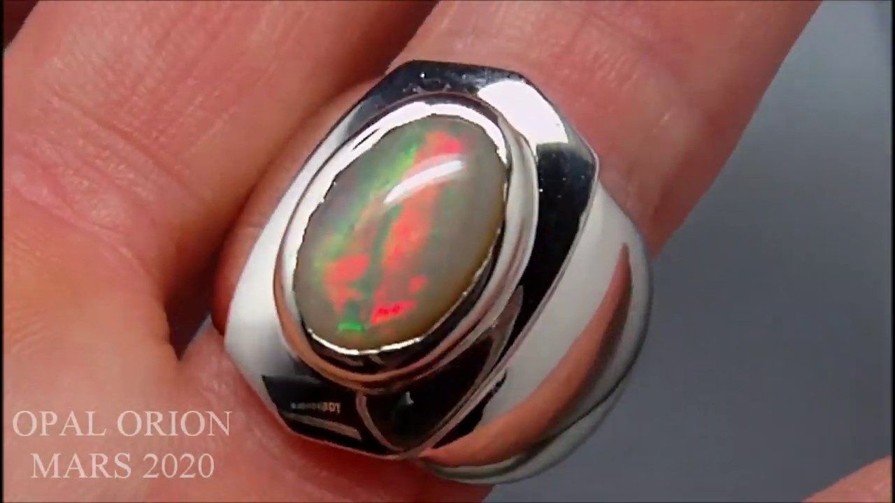 Chevalière homme or blanc massif 18 carats et Pierre Opale Ethiopie - BIJOU OPAL ORION - AAB161