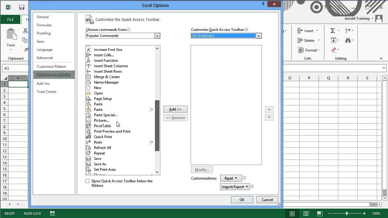 Customise the Quick Access Toolbar for a Specific Workbook