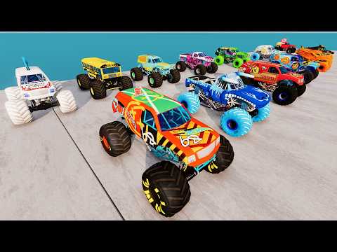BeamNG Monster Trucks vs Downhill and Pool Water Slide & High Speed Jumps and Crashes