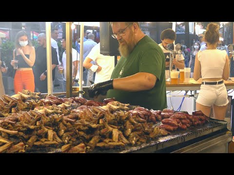 Italy Street Food Festival. Best Irish Mixed Meat on Grill, Argentinian Asado, Ribs, Mexican Fajitas