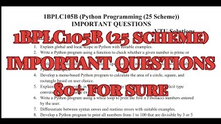 Python Programming, Important questions, 1BPLC105B, 25 scheme, 1st sem.