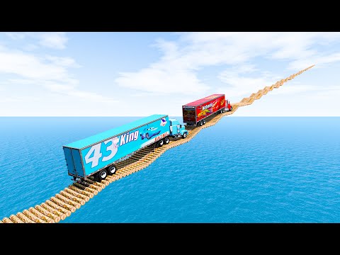 Mack truck vs Dinoco vs Impossible Log Wave Bridge Truck Car Rescue -Cars vs Deep Water-BeamNG.drive