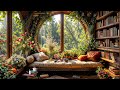 Spring Morning Sofa And 4K Bookshelf Next To Window Full Of Flowers Singing Birds Falling Leaves