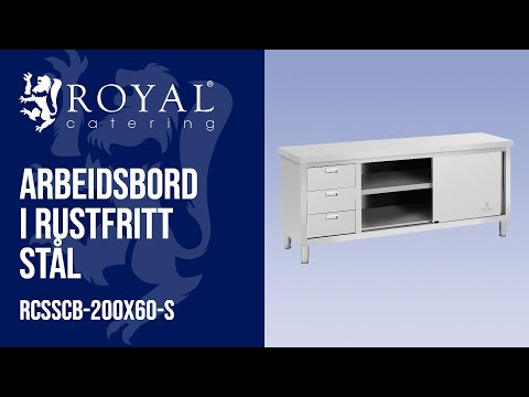 video - Arbeidsbord i rustfritt stål - 200 x 60 x 85 cm - Royal Catering - 600 kg bæreevne - 3 skuffer