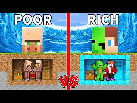 Villagers POOR & JJ and Mikey RICH Bunkers vs TSUNAMI in Minecraft (Maizen)