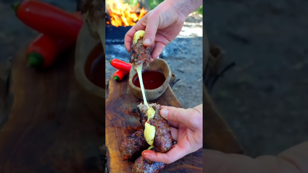 Extreme Cheese-Stuffed Grilled Kebabs ASMR! 🧀🥩🔥 ​#OutdoorCooking #shorts #CampfireBBQ #Wilderness