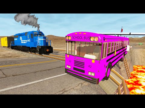 Truck Rescue Bus Cars - Cars vs Double Rails Giant Pit Lava #5 - BeamNG.Drive