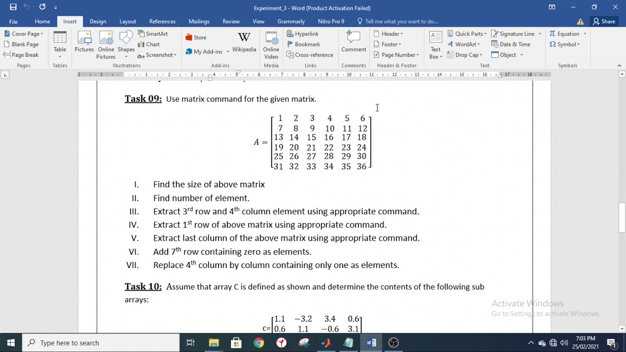 Basic Matrix operations using MATLAB