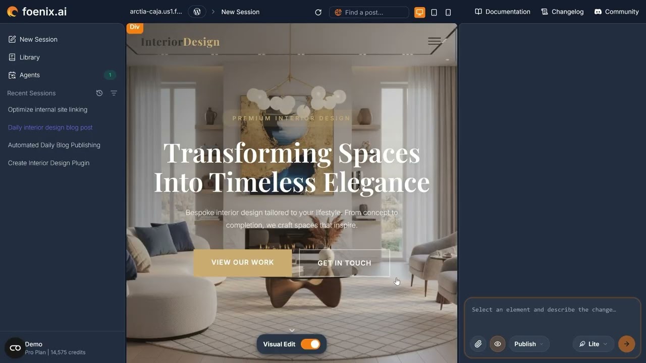 One-minute demo: a Foenix agent takes a prompt and does the work on a WordPress site