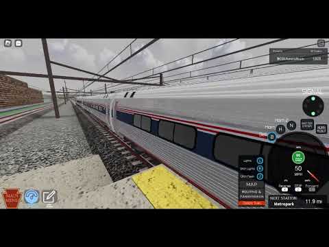 amtrak 164 (phase IV) leads a palmetto past Newark INTL Airport in Ro-scale NEC train sim