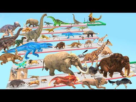 Animals vs Dinosaurs Speed Race Run Zigzag Down Course! from Outside Animal Revolt Battle Simulator