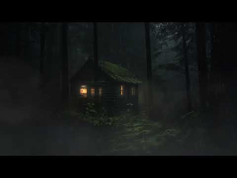 Lonely Hunter's Cabin in Forest with Heavy Rain & Thunder