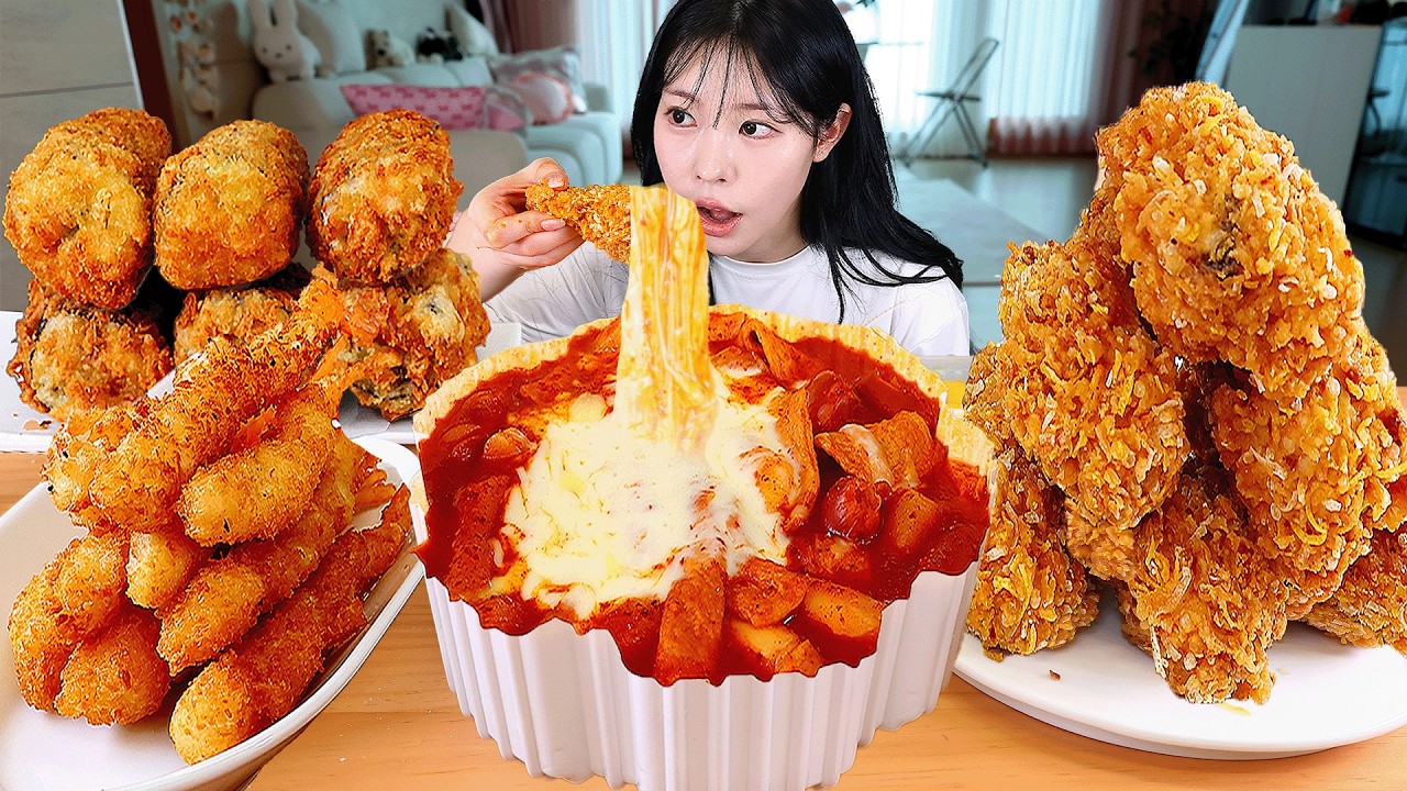ASMR MUKBANG| 엽기떡볶이 후라이드 치킨 스시롤튀김 새우튀김 먹방 & 레시피 FRIED CHICKEN AND Tteokbokki EATING