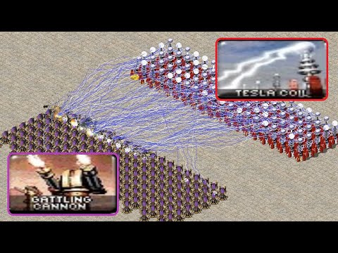 Gattling Cannon vs Tesla Coil - Defense Towers Battle - Red Alert 2