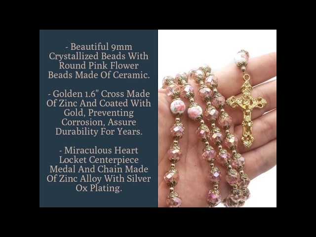 Vídeo relacionado con Nazareth Store Collar con cuentas de cristal rosa católico, rosario dorado, medalla con medallón de corazón de Santa María y amuleto religioso cruzado para mujer