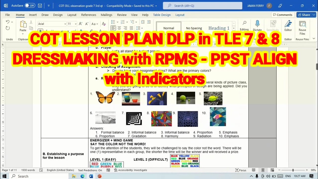 COT LESSON PLAN DLP in TLE 7 & 8 DRESSMAKING with RPMS - PPST ALIGN with Indicators