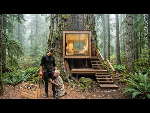 This old woman's house was destroyed by the wind, so this man built a modern tree house for her