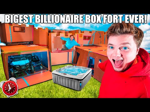 BIGGEST 24 HOUR BILLIONAIRE BOX FORT 4 STORY CHALLENGE! Elevator, Toys, Gaming Room, SPA & More!