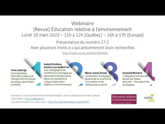 Webinaire: «Éducation relative à l’environnement – Présentation du Volume 17-2: Varia»