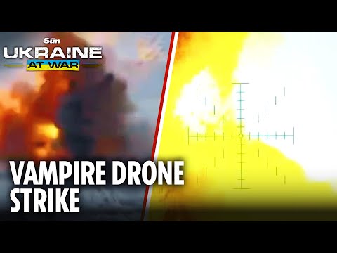 Ukrainian Vampire drone blows up Russian military equipment causing huge explosion