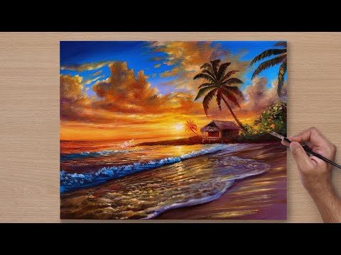 How to Draw a Sunset Seascape / Acrylic Painting for Beginners / STEP BY STEP #78