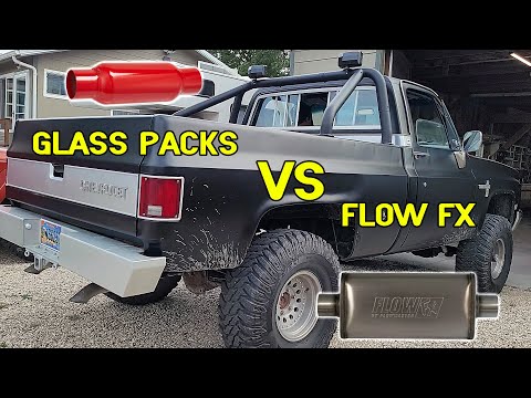 Glass Packs \"Cherry Bombs\" vs Flow FX FlowMaster mufflers on 1982 Chevy Truck V8 400 & dual exhaust.
