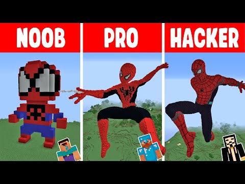 Minecraft SPIDER MAN STATUE HOUSE BUILD CHALLENGE - NOOB vs PRO vs HACKER