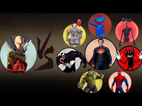 Saitama Vs Hulk, Superman, Spiderman, Venom, Cartooncat, Pennywise, Sirenhead, Huggy Wuggy