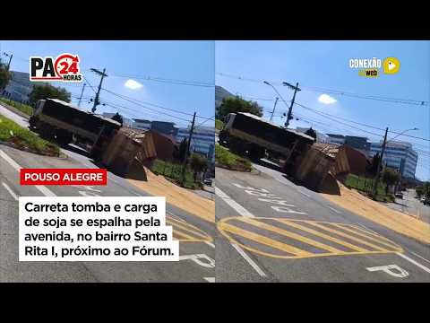 Vídeo: Carreta tomba e carga de soja se espalha pela avenida, no bairro Santa Rita I, próximo ao Fórum.