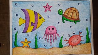 easy underwater scenery drawing for kids and biggeners,how to draw underwater scenery step by step