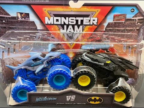 Monster Jam Showdown Megalodon vs Batman Monster Truck toy review Whose going to throw more dirt!