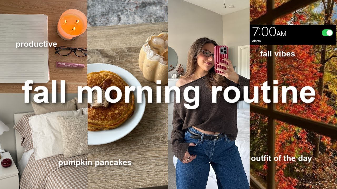 COZY FALL MORNING ROUTINE 🍁🧸🕯️ pumpkin pancakes, coffee, fall makeup, productivity, + more!