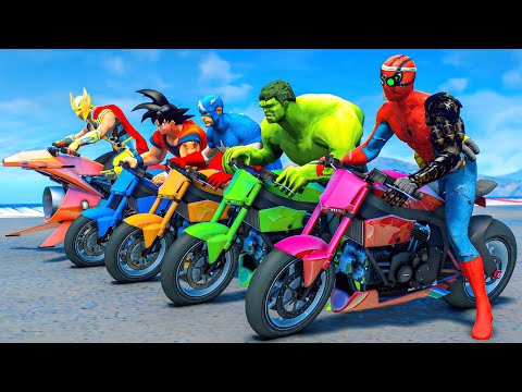 SUPERHERO Competition Challenge | Spiderman, Hulk & Goku Motorbike Jump over the Ocean Ep.476