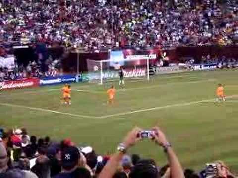 Ronaldinho taking a penalty shot against Tony Meola