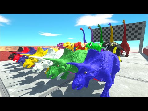 x7 Triceratops VS x5 T-rex VS x5 Brachiosaurus Speed Race Go Down The Stairs To Heaven Animal Revolt