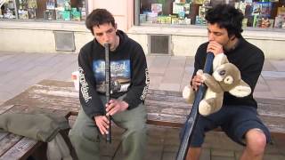 Street music with homemade pvc flute and didgeridoo