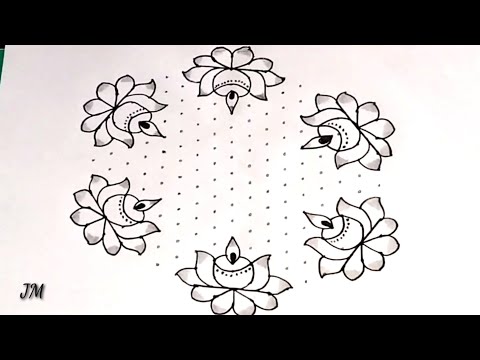 17*9 dots rangoli|simple flowers and deepam rangoli|easy chukkala muggu|BY JM CREATIONS