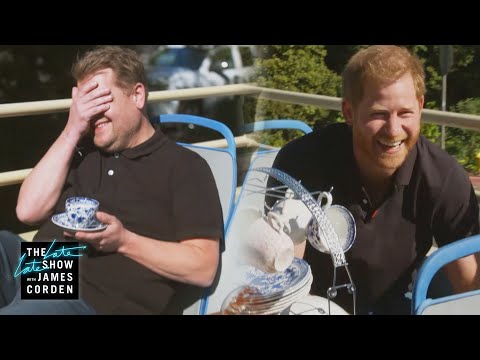 Prince Harry Drinks Tea With James Corden On A Sightseeing Bus In Los Angeles