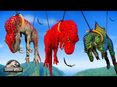 Tyrannosaurus Rex Colour Pack vs Evolved Indominus Rex vs Spinosaurus Dinosaurs Fighting - JWE