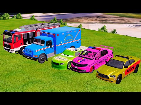 TRANSPORTING POLICE CARS, DACIA, AMBULANCE, FIRE DEPARTMENT to GARAGE - Farming Simulator 22